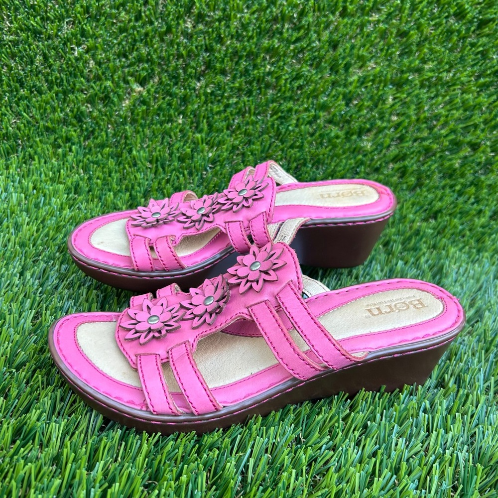 Born Pink Leather Floral Wedge Sandals Strappy Slide 7 38 W51892 CKL11